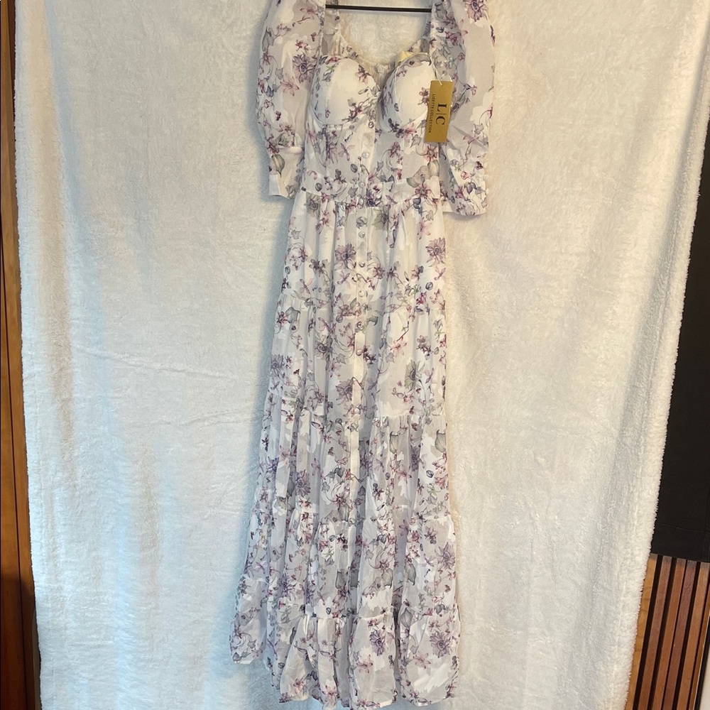 TC White and Purple Floral Long Sleeve Dress